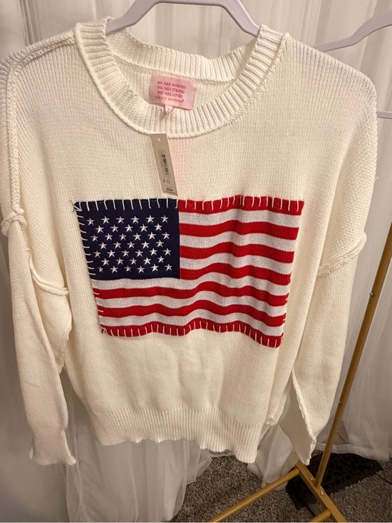 Simply Southern Sweaters - Simply Southern White Sweater with Red and Blue American Flag